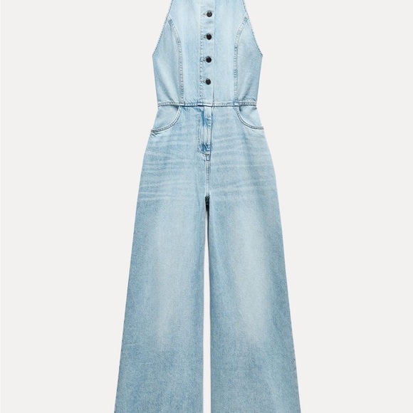 zara small Light Blue Denim Halter Jumpsuit - Picture 4 of 12